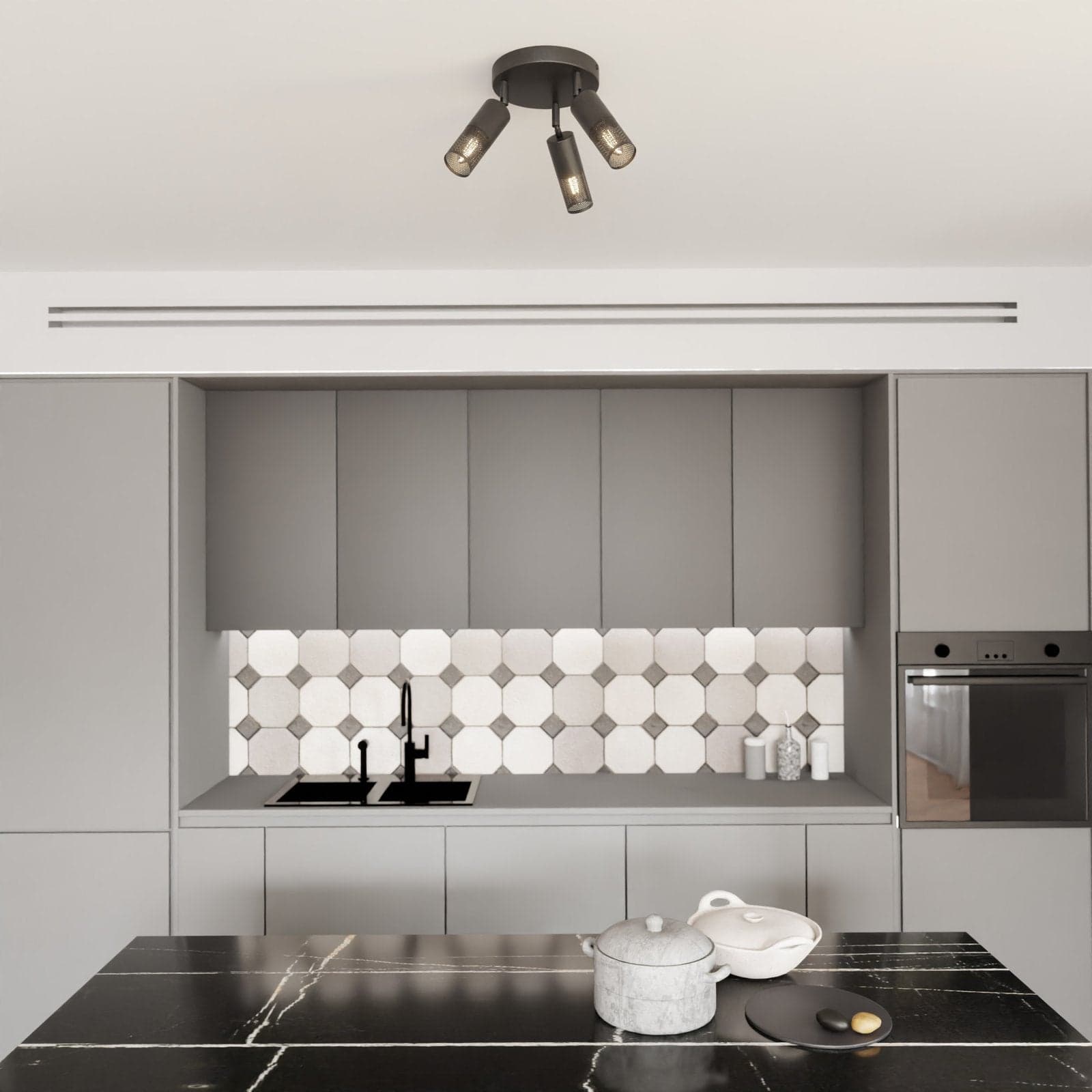 Plafoniera Spot Moderna 3 Luci Petrol A Cilindro Con Rete In Acciaio Nero in Faretti da soffitto LuceArt - Montecorvino Pugliano, commercioVirtuoso.it