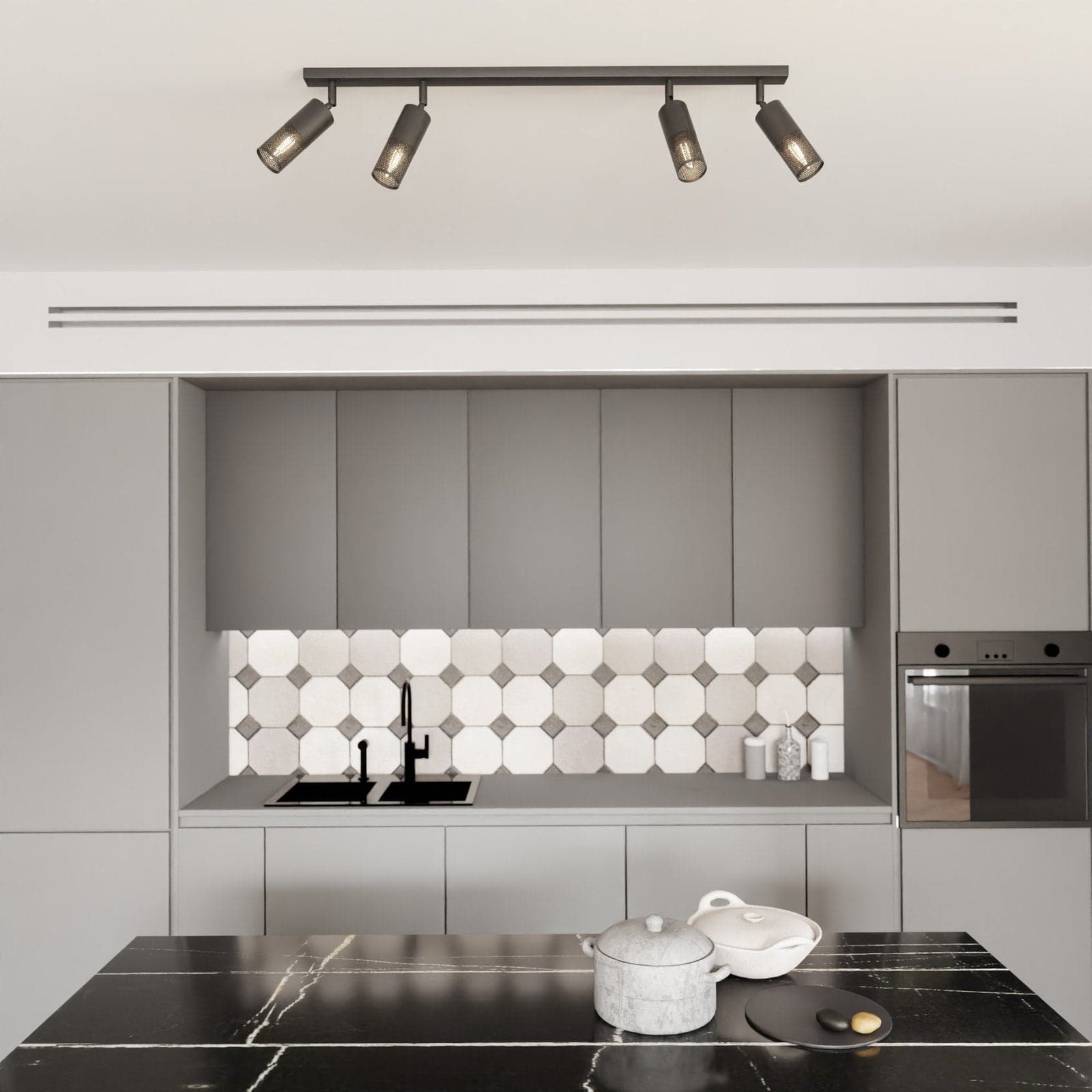 Plafoniera Spot Moderna 4 Luci Petrol A Cilindro Con Rete In Acciaio Nero in Faretti da soffitto LuceArt - Montecorvino Pugliano, commercioVirtuoso.it