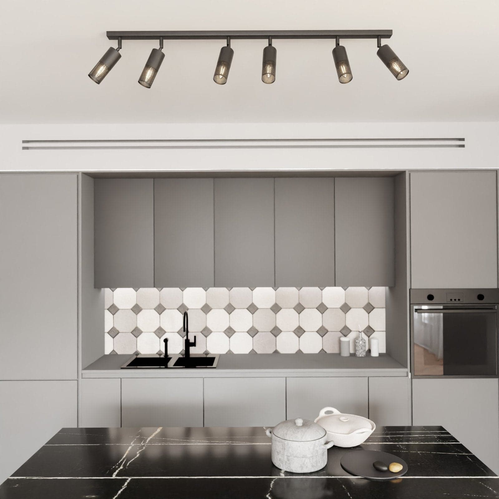 Plafoniera Spot Moderna 6 Luci Petrol A Cilindro Con Rete In Acciaio Nero in Faretti da soffitto LuceArt - Montecorvino Pugliano, commercioVirtuoso.it