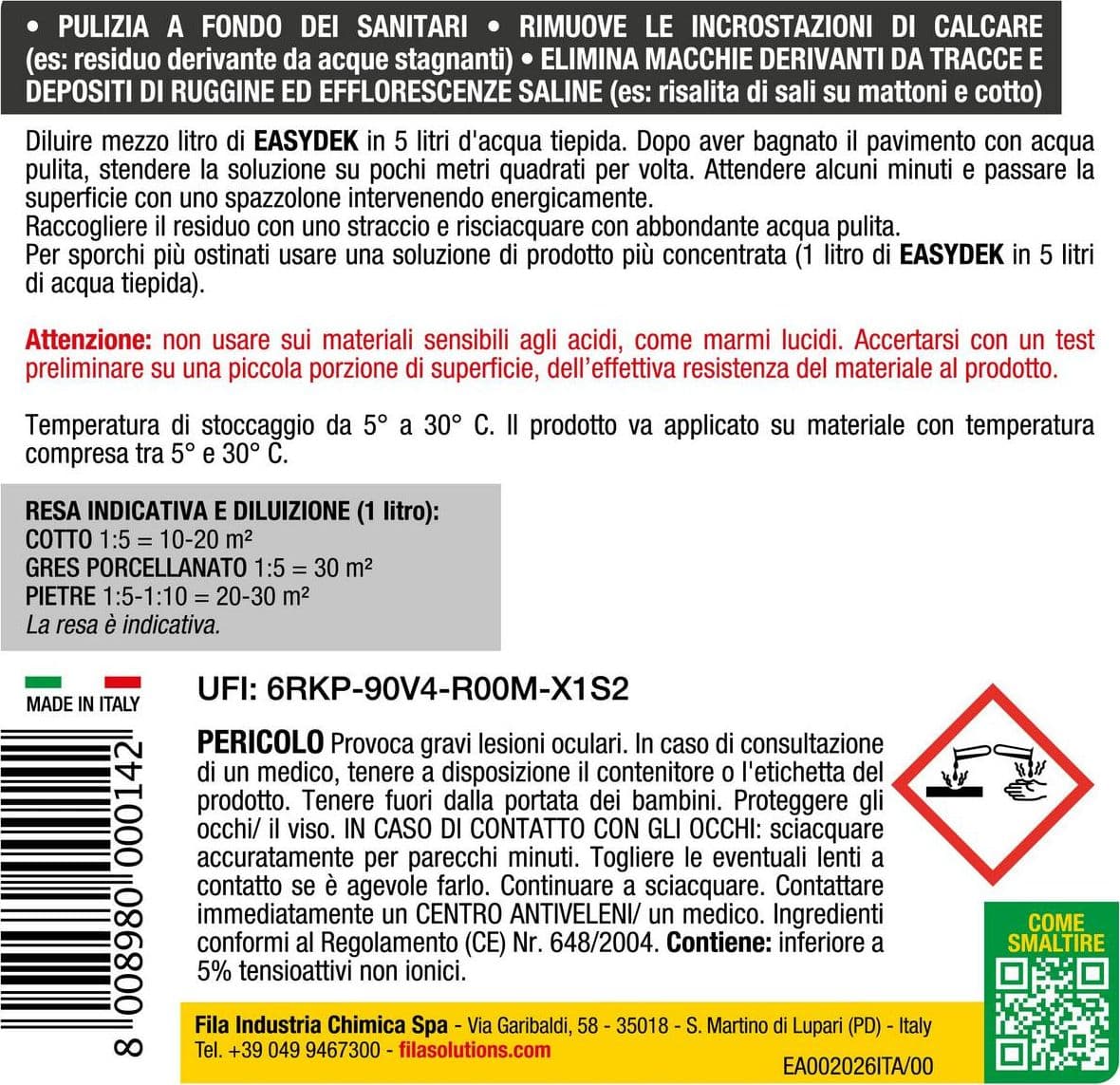 Fila EASYDEK detergente disincrostante eco per gres e ceramica lt.1 in Detergenti multiuso Masterbrico - Longobardi, commercioVirtuoso.it