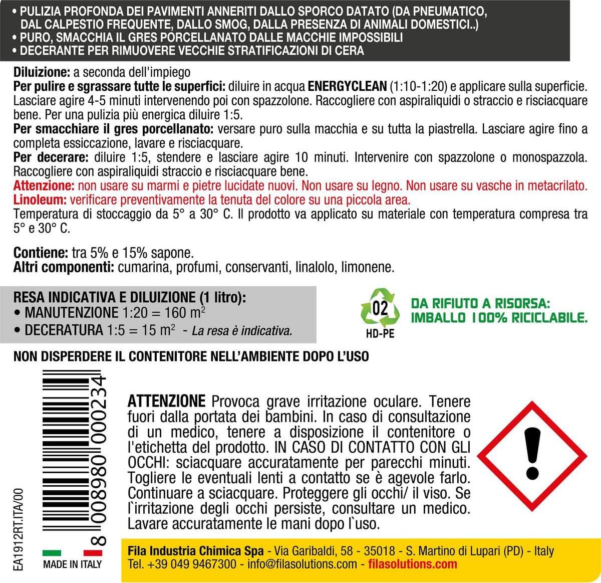 Fila EnergyClean – Detergente sgrassante superfici – 1 litro in Detergenti per pavimento Masterbrico - Longobardi, commercioVirtuoso.it