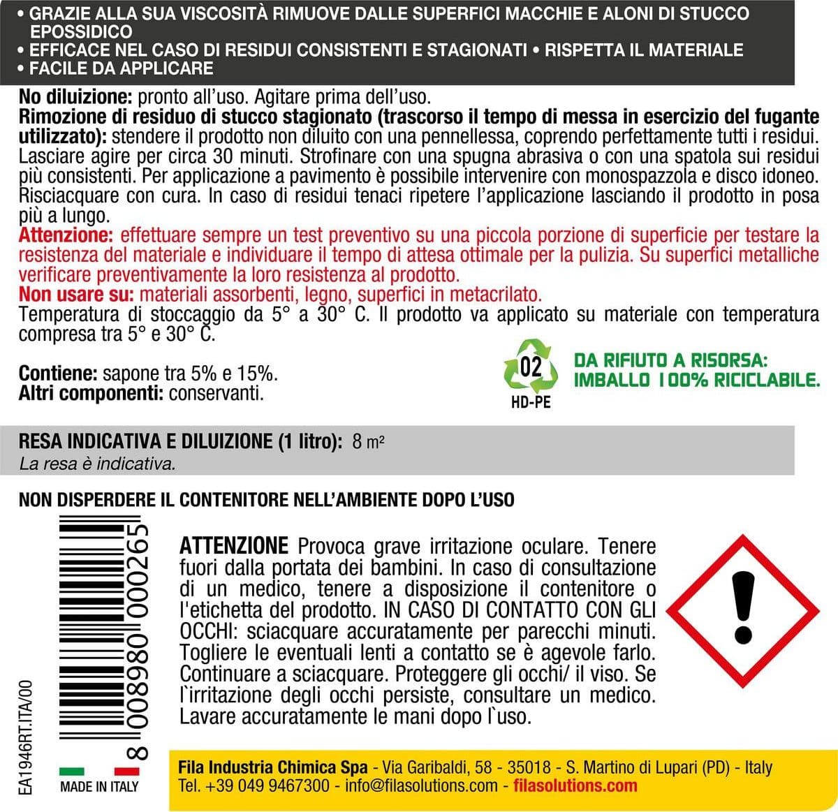 Fila EpoxyOut – Rimuovi residui epossidici – 1 litro in Detergenti per pavimento Masterbrico - Longobardi, commercioVirtuoso.it