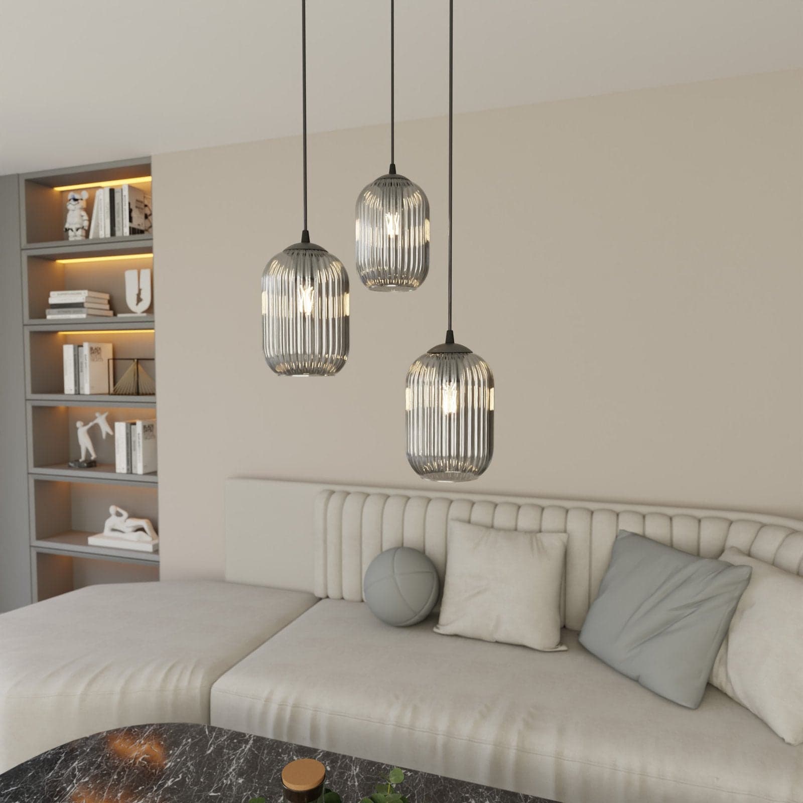 Lampadario 3 Luci Verdi Base Tonda In Acciaio Nero E Vetri Plissettati Fumè in Lampade a sospensione LuceArt - Montecorvino Pugliano, commercioVirtuoso.it