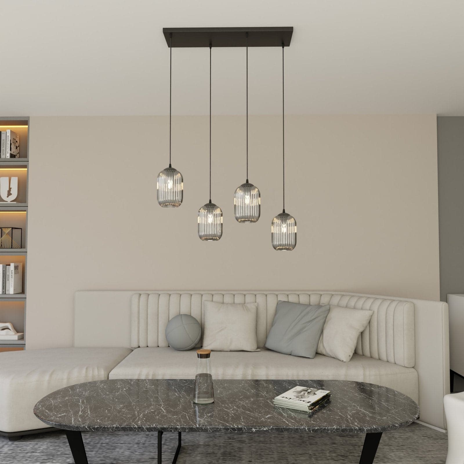 Lampadario 4 Luci Verdi In Acciaio Nero E Vetri Plissettati Fumè in Lampade a sospensione LuceArt - Montecorvino Pugliano, commercioVirtuoso.it