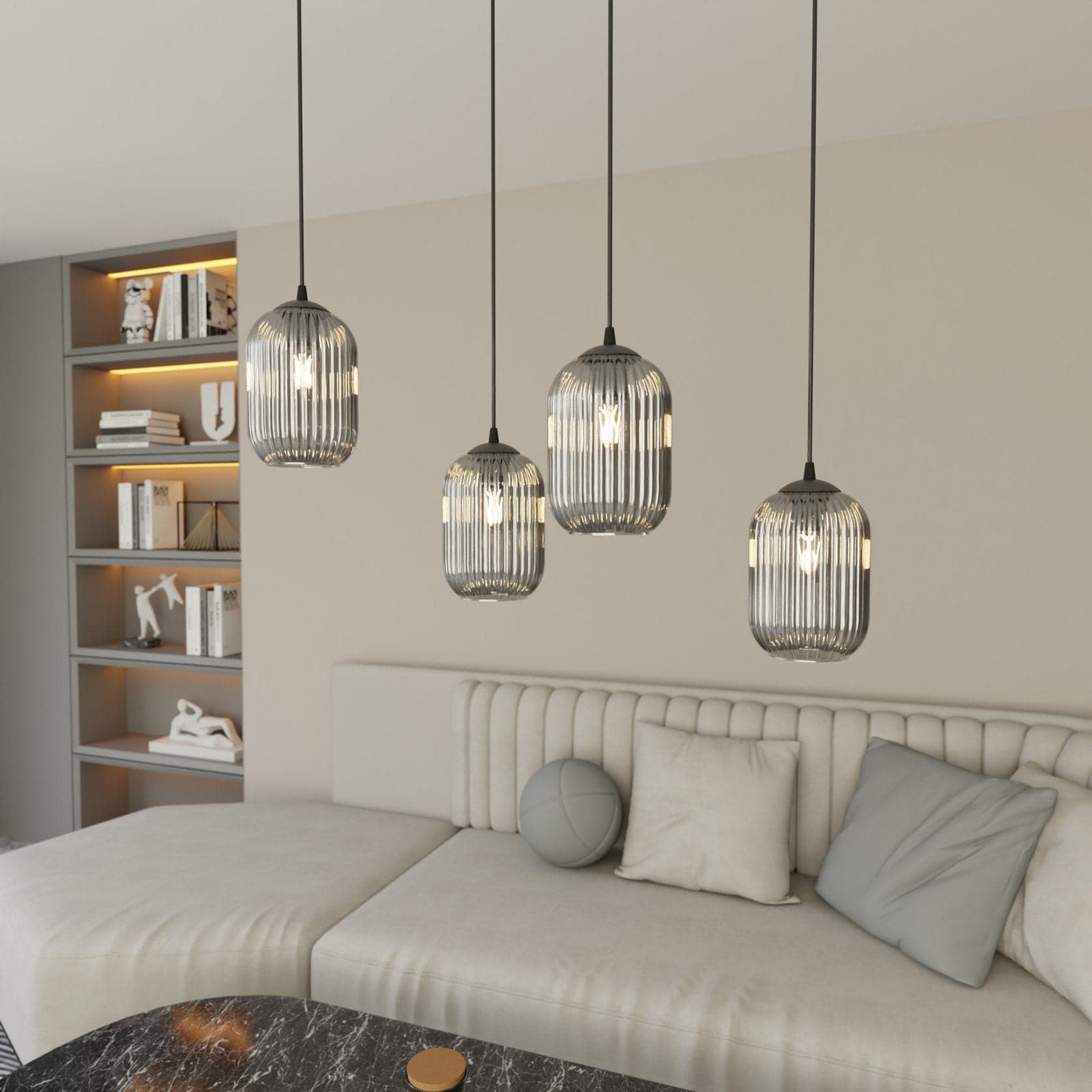 Lampadario 4 Luci Verdi In Acciaio Nero E Vetri Plissettati Fumè in Lampade a sospensione LuceArt - Montecorvino Pugliano, commercioVirtuoso.it