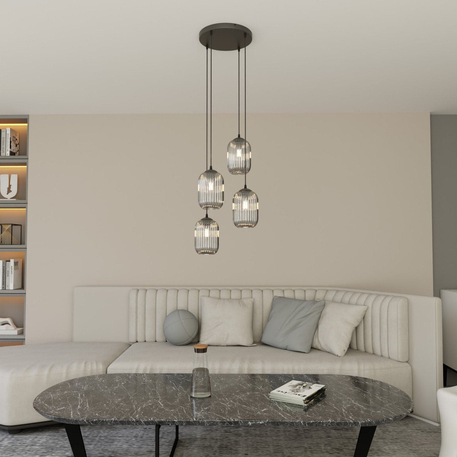 Lampadario 4 Luci Verdi Base Tonda In Acciaio Nero E Vetri Plissettati Fumè in Lampade a sospensione LuceArt - Montecorvino Pugliano, commercioVirtuoso.it