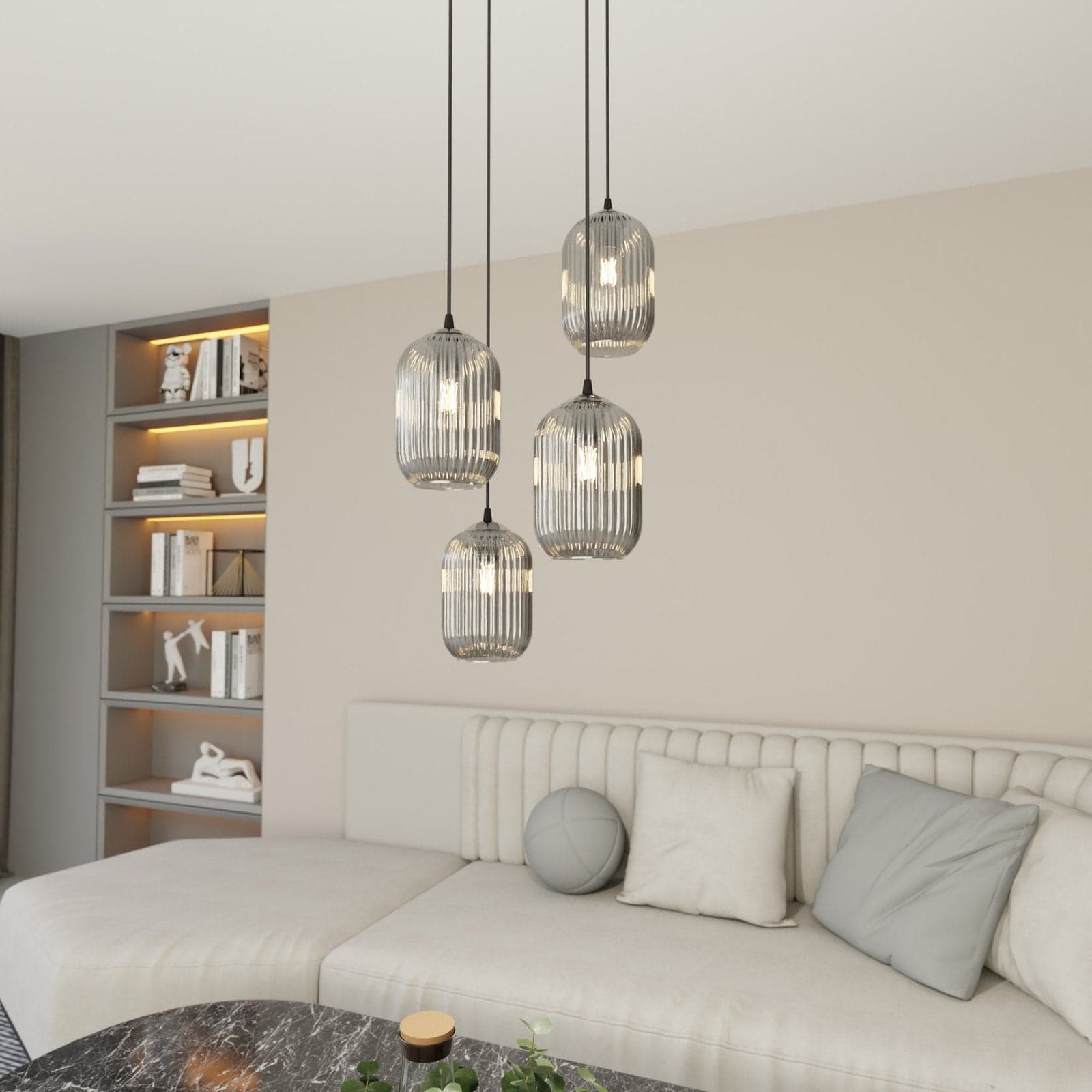 Lampadario 4 Luci Verdi Base Tonda In Acciaio Nero E Vetri Plissettati Fumè in Lampade a sospensione LuceArt - Montecorvino Pugliano, commercioVirtuoso.it