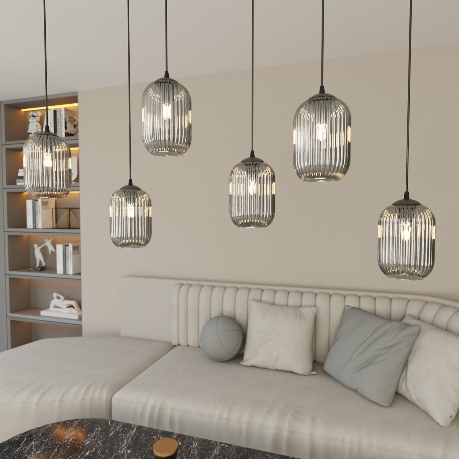 Lampadario 6 Luci Verdi In Acciaio Nero E Vetri Plissettati Fumè in Lampade a sospensione LuceArt - Montecorvino Pugliano, commercioVirtuoso.it