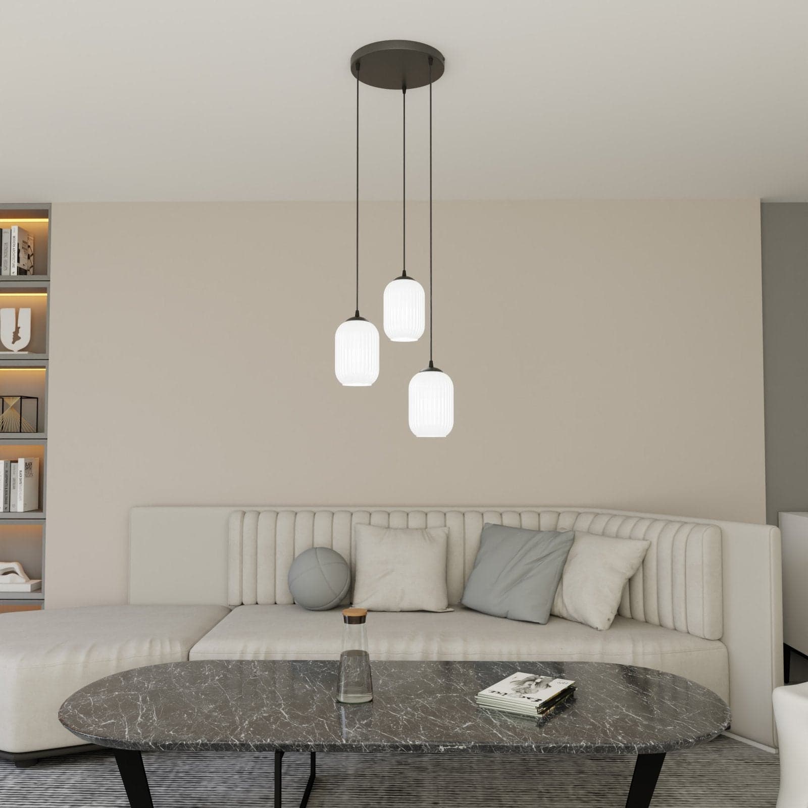 Lampadario 3 Luci Verdi Base Tonda In Acciaio Nero E Vetri Plissettati Bianchi in Lampade a sospensione LuceArt - Montecorvino Pugliano, commercioVirtuoso.it
