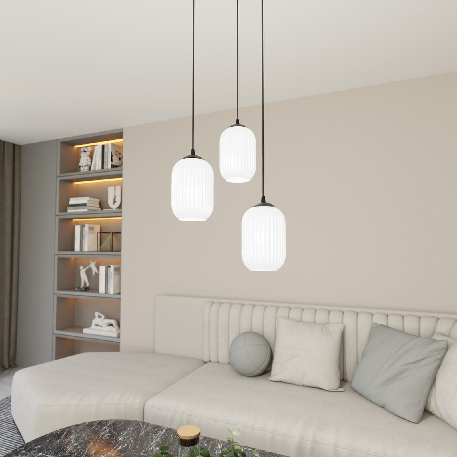 Lampadario 3 Luci Verdi Base Tonda In Acciaio Nero E Vetri Plissettati Bianchi in Lampade a sospensione LuceArt - Montecorvino Pugliano, commercioVirtuoso.it