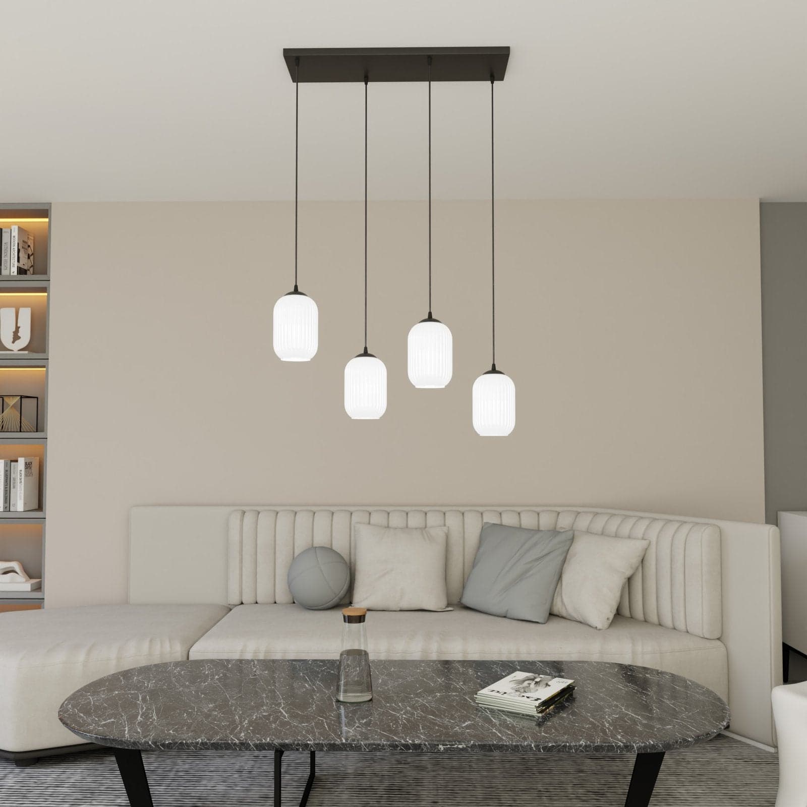 Lampadario 4 Luci Verdi In Acciaio Nero E Vetri Plissettati Bianchi in Lampade a sospensione LuceArt - Montecorvino Pugliano, commercioVirtuoso.it