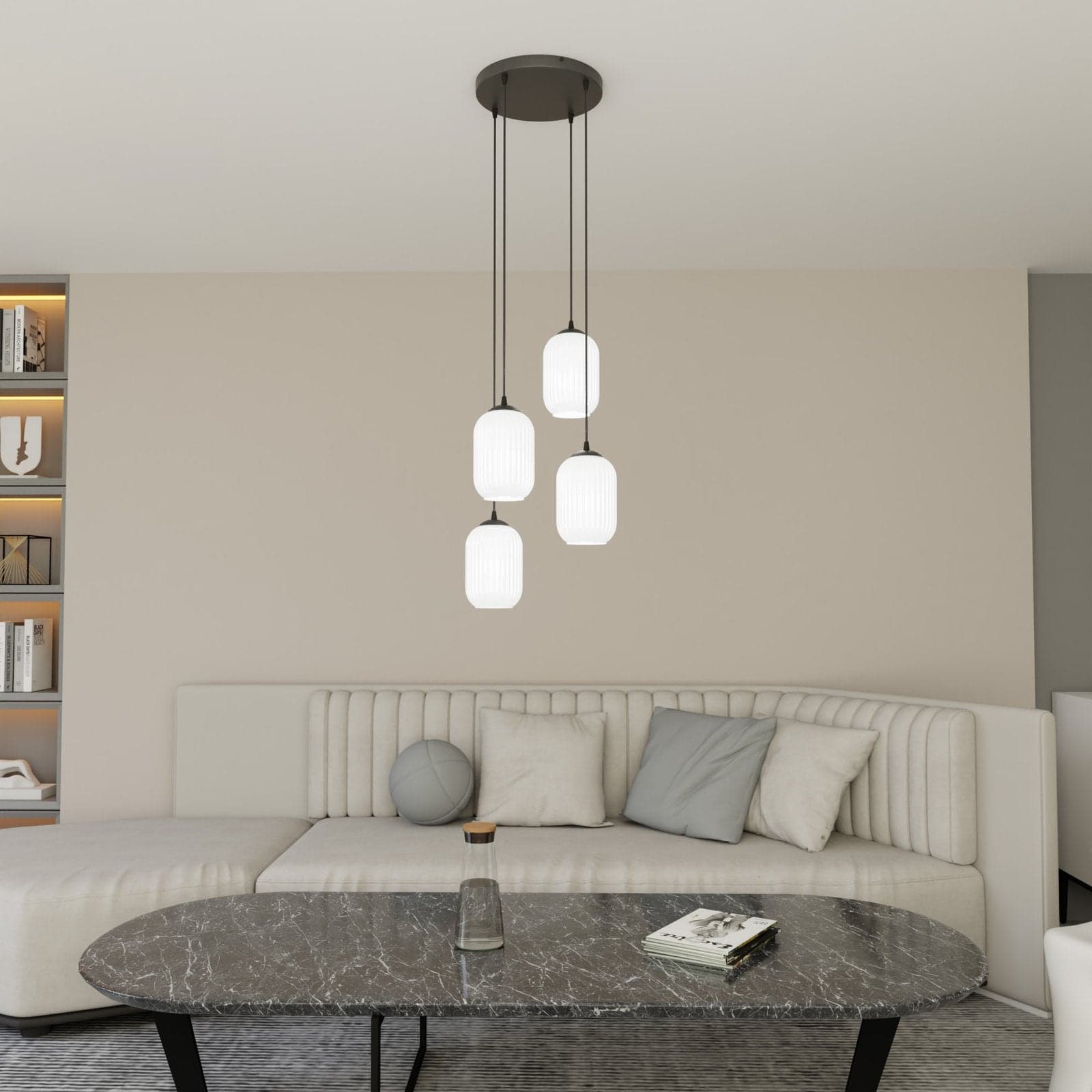 Lampadario 4 Luci Verdi Base Tonda In Acciaio Nero E Vetri Plissettati Bianchi in Lampade a sospensione LuceArt - Montecorvino Pugliano, commercioVirtuoso.it