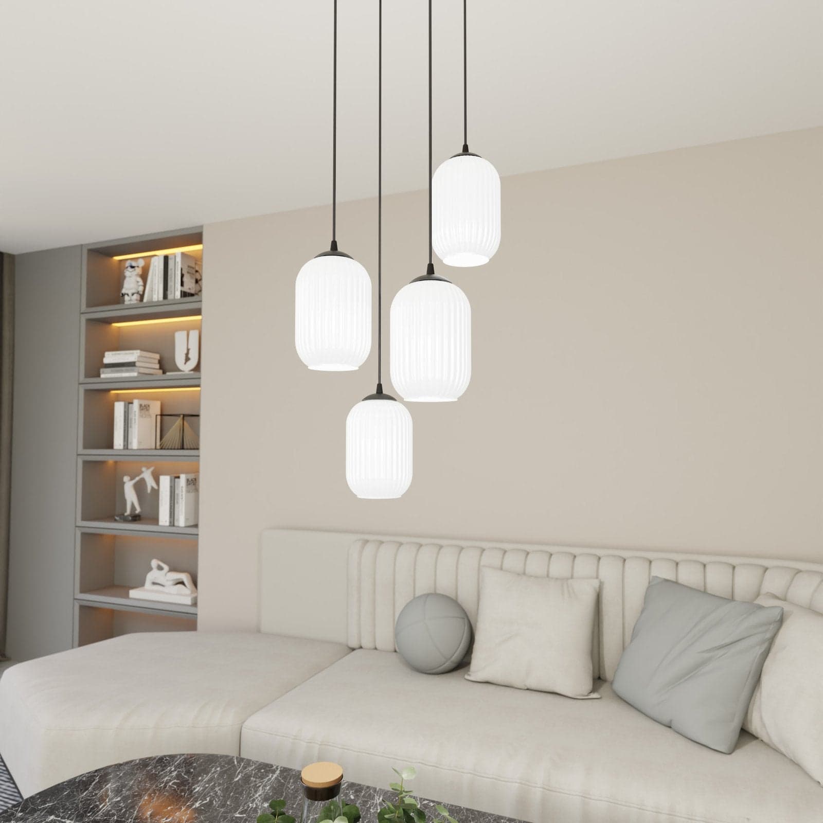Lampadario 4 Luci Verdi Base Tonda In Acciaio Nero E Vetri Plissettati Bianchi in Lampade a sospensione LuceArt - Montecorvino Pugliano, commercioVirtuoso.it