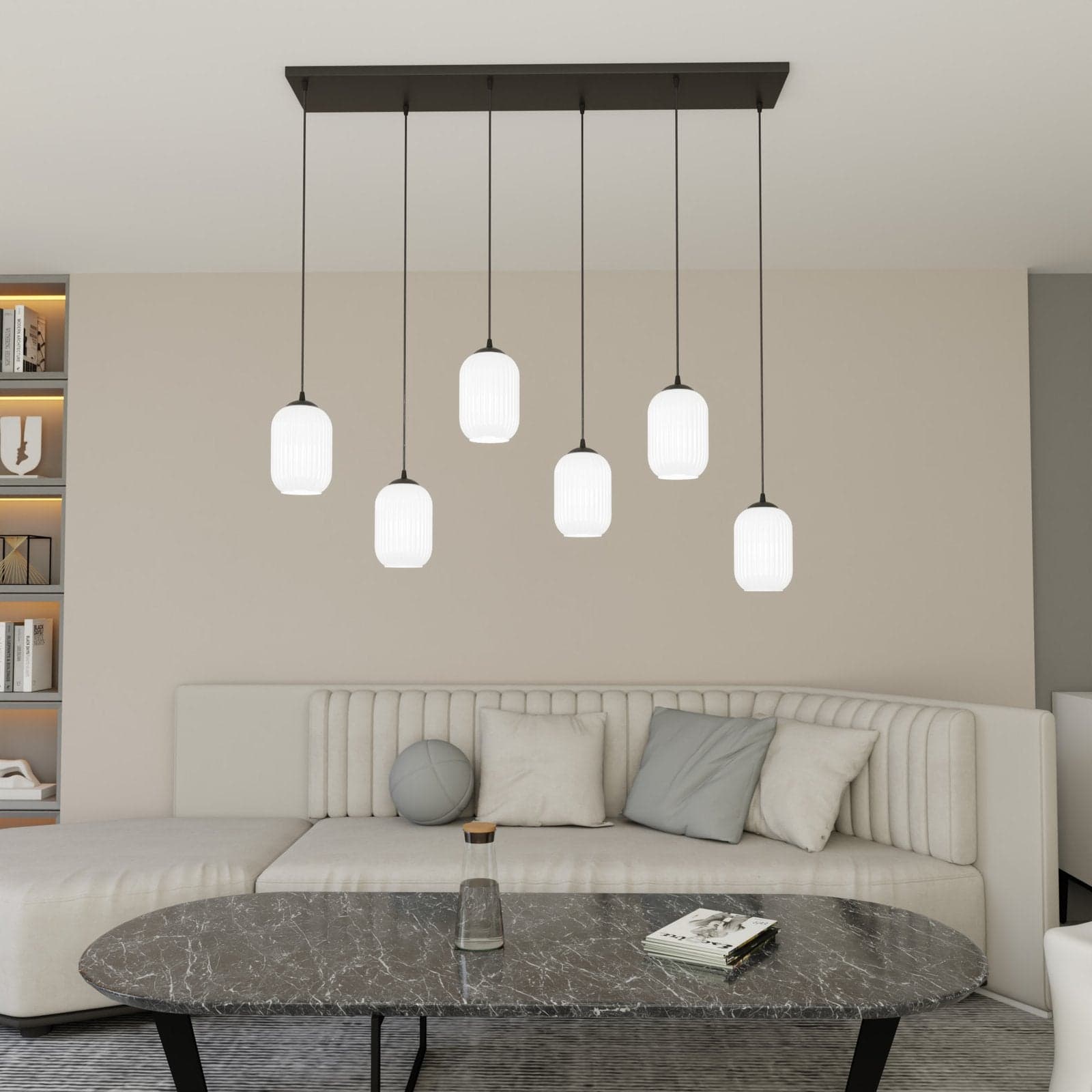 Lampadario 6 Luci Verdi In Acciaio Nero E Vetri Plissettati Bianchi in Lampade a sospensione LuceArt - Montecorvino Pugliano, commercioVirtuoso.it