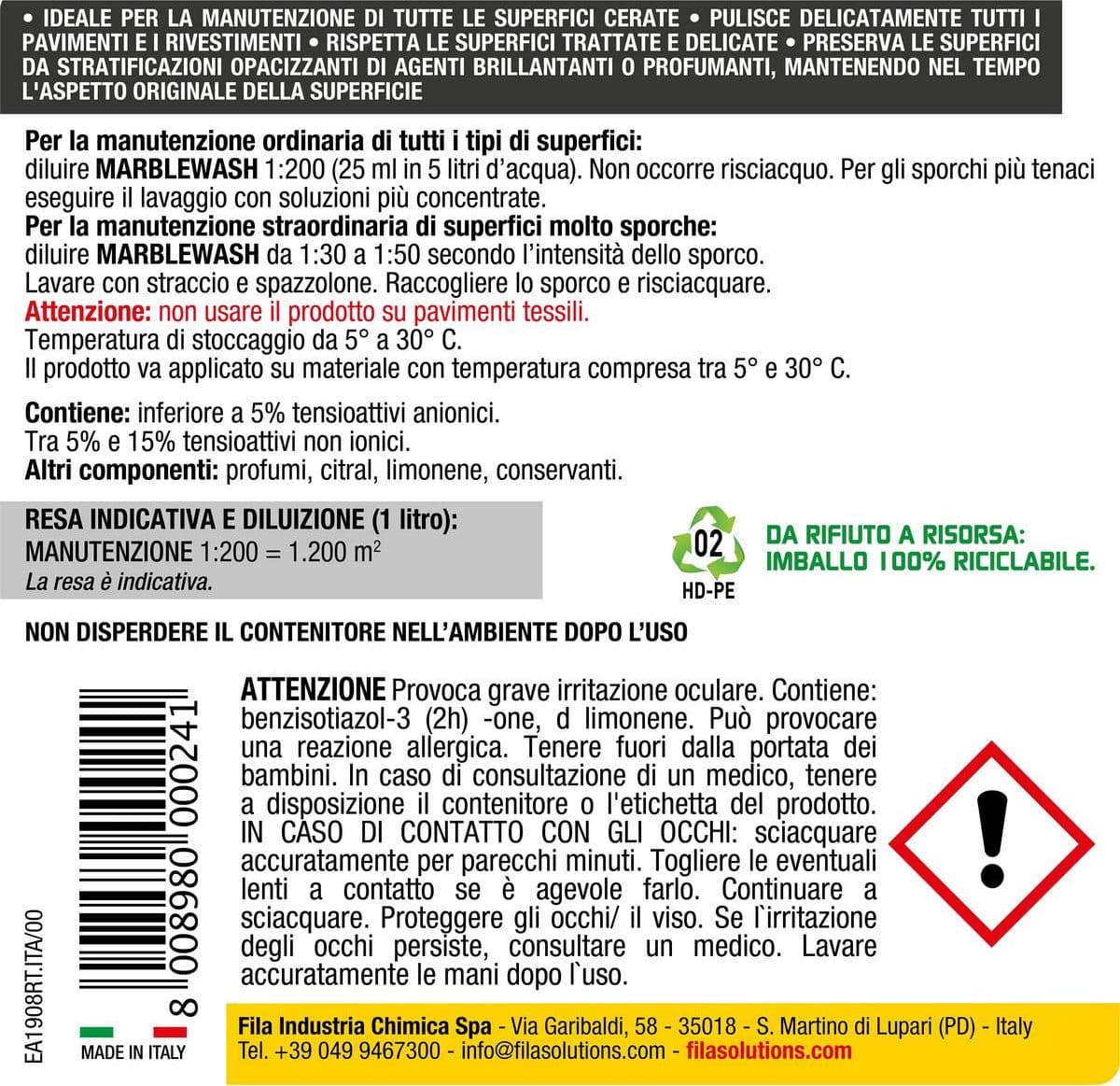 Fila Marblewash – Detergente per marmo e pietra – 1 litro in Detergenti per pavimento Masterbrico - Longobardi, commercioVirtuoso.it