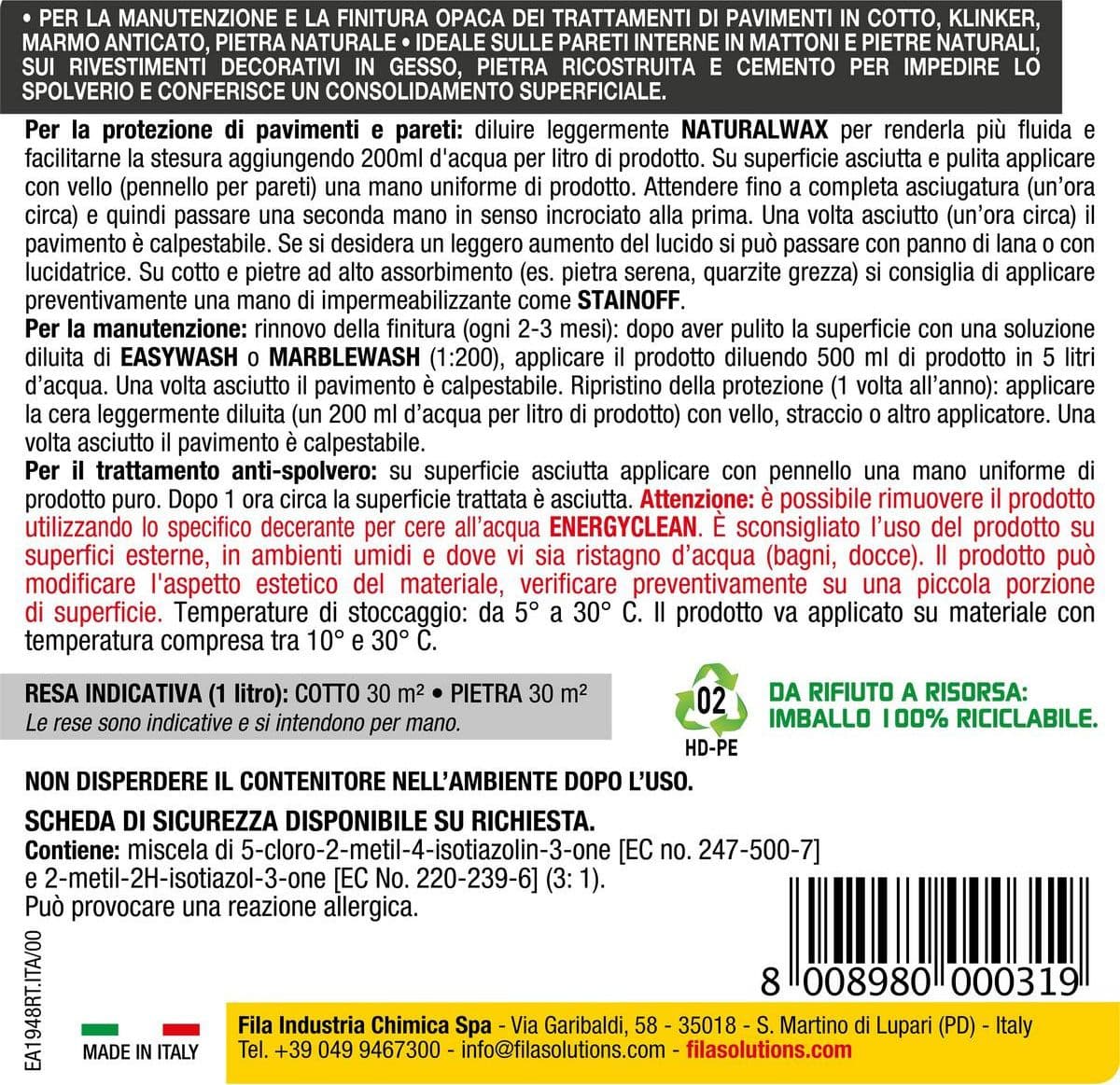 Fila Naturalwax – Cera effetto opaco per superfici – 1 litro in Cera Masterbrico - Longobardi, commercioVirtuoso.it