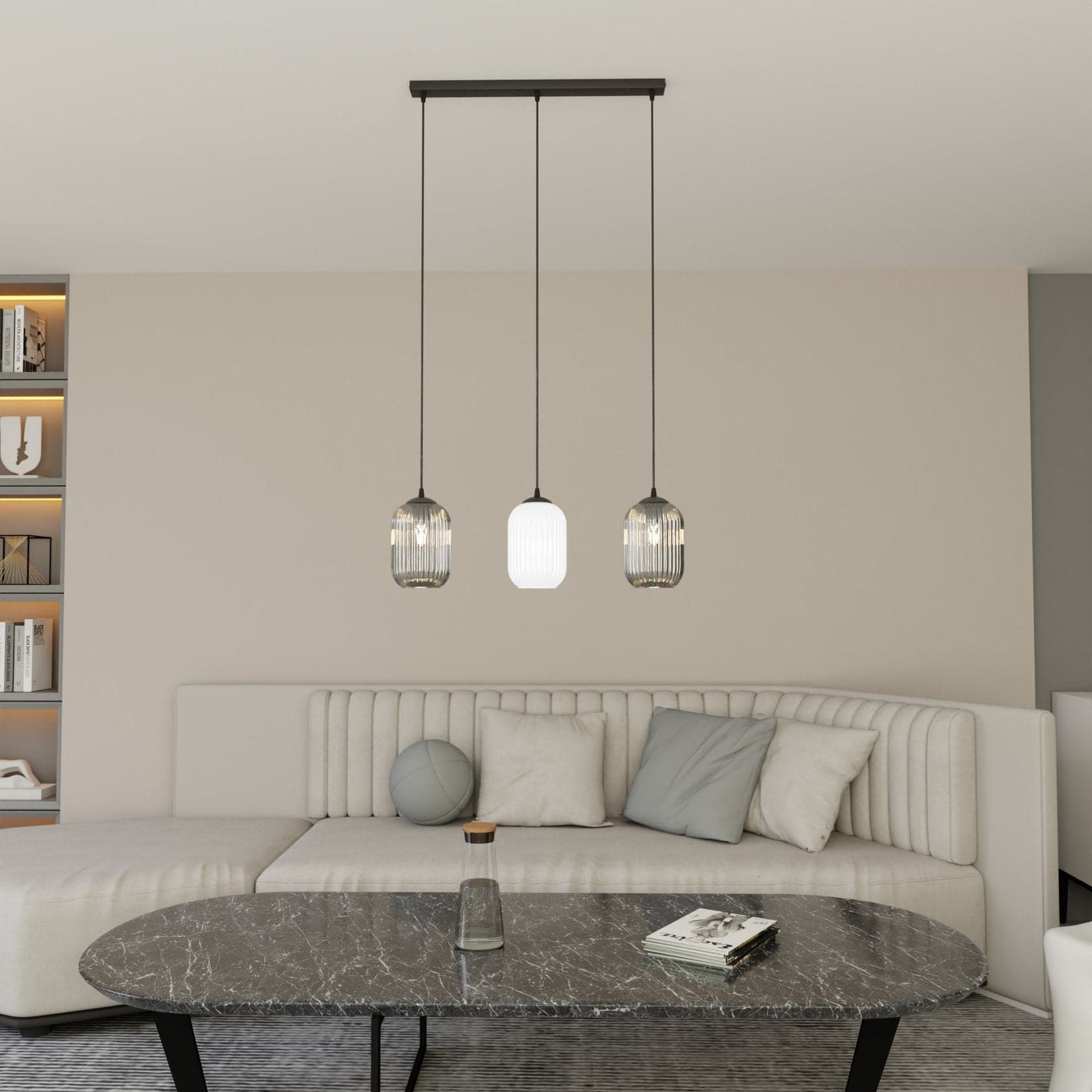 Lampadario 3 Luci Verdi In Acciaio Nero E Vetri Plissettati In Bianco E Fumè in Lampade a sospensione LuceArt - Montecorvino Pugliano, commercioVirtuoso.it