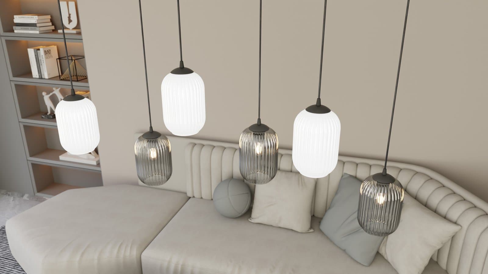 Lampadario 3 Luci Verdi In Acciaio Nero E Vetri Plissettati In Bianco E Fumè in Lampade a sospensione LuceArt - Montecorvino Pugliano, commercioVirtuoso.it