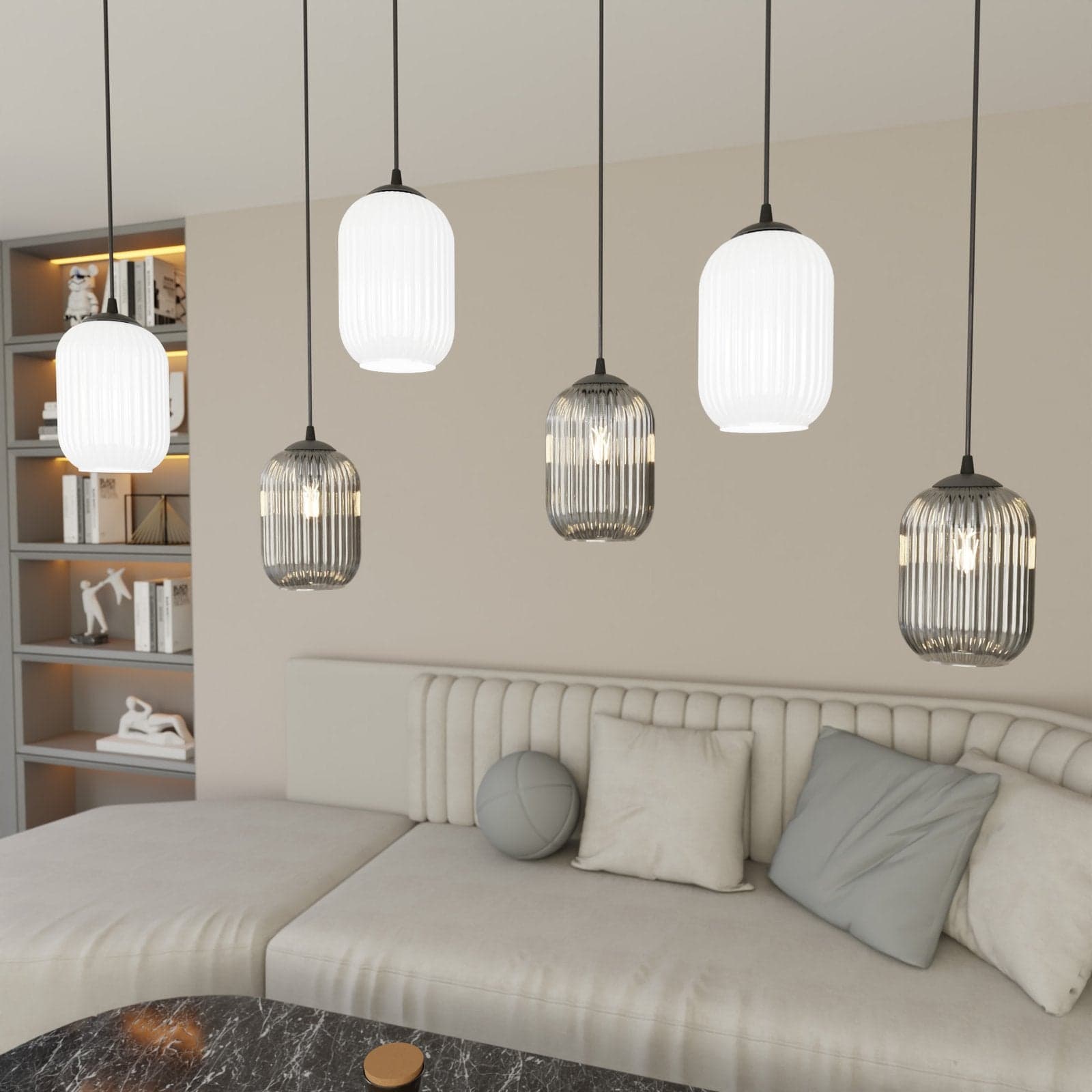 Lampadario 6 Luci Verdi In Acciaio Nero E Vetri Plissettati In Bianco E Fumè in Lampade a sospensione LuceArt - Montecorvino Pugliano, commercioVirtuoso.it