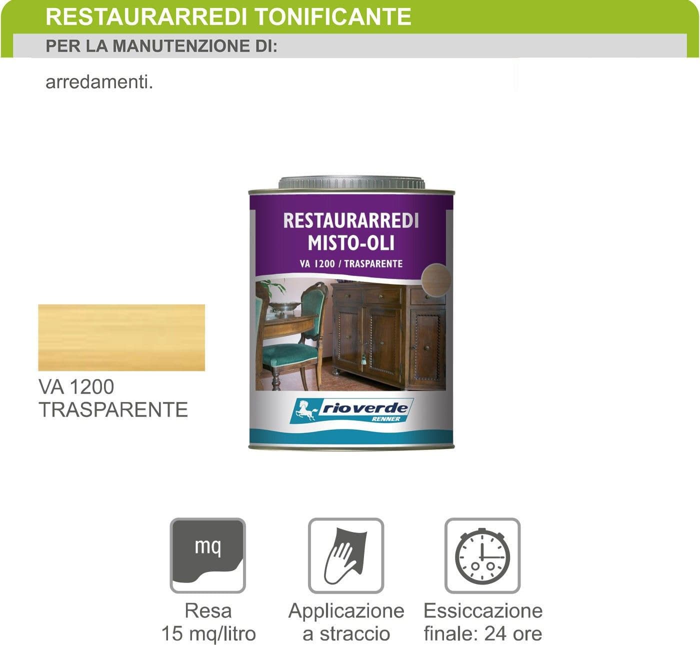 Renner VA1200 0,75lt  restaurarredi tonificante solvente misto-oli trasparente in Vernice Aloiserw.com - Altomonte, commercioVirtuoso.it