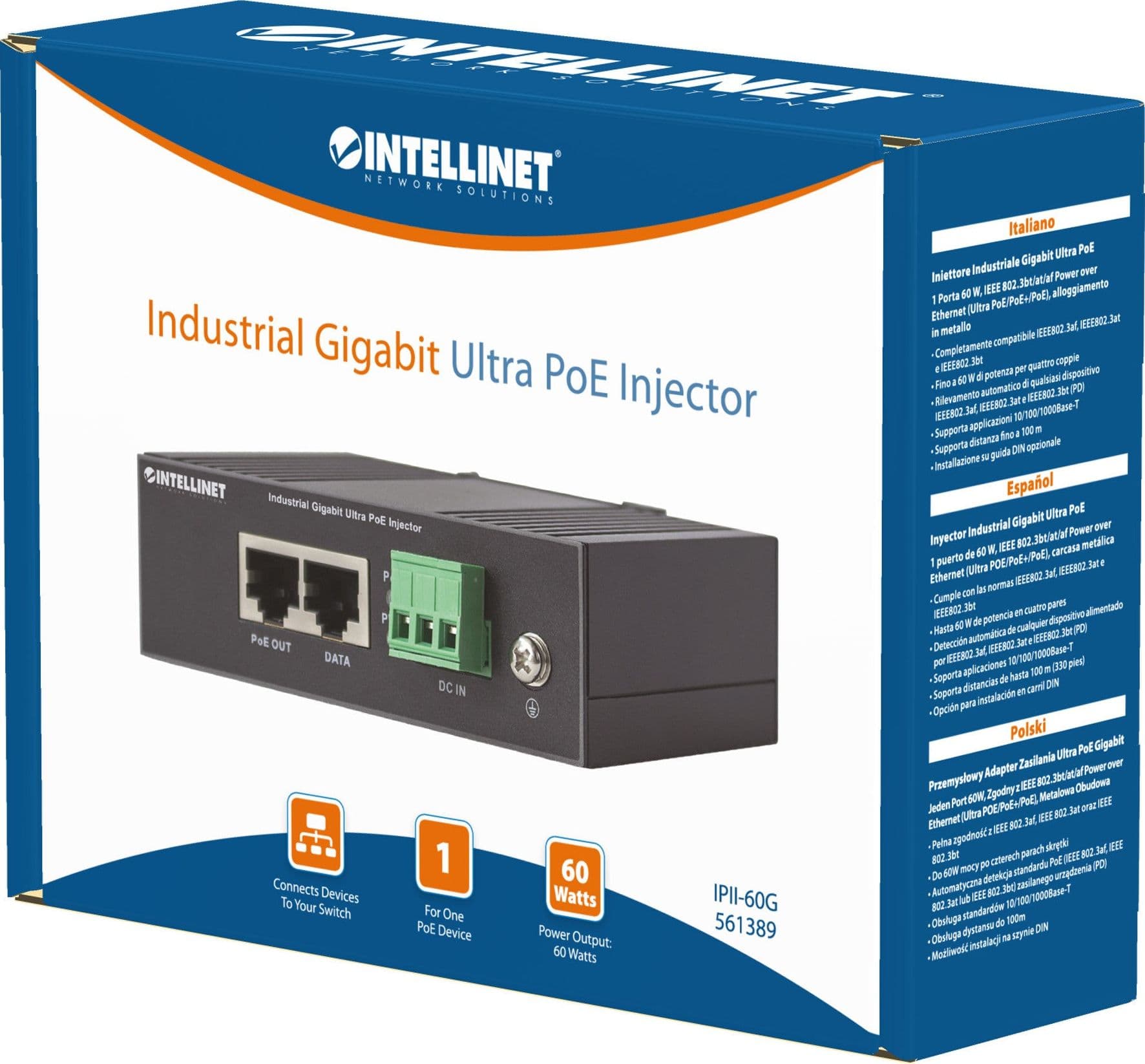 Iniettore Industriale per Guida DIN Gigabit Ultra PoE 60W in Adattatori PowerLAN Scontolo.net - Potenza, commercioVirtuoso.it
