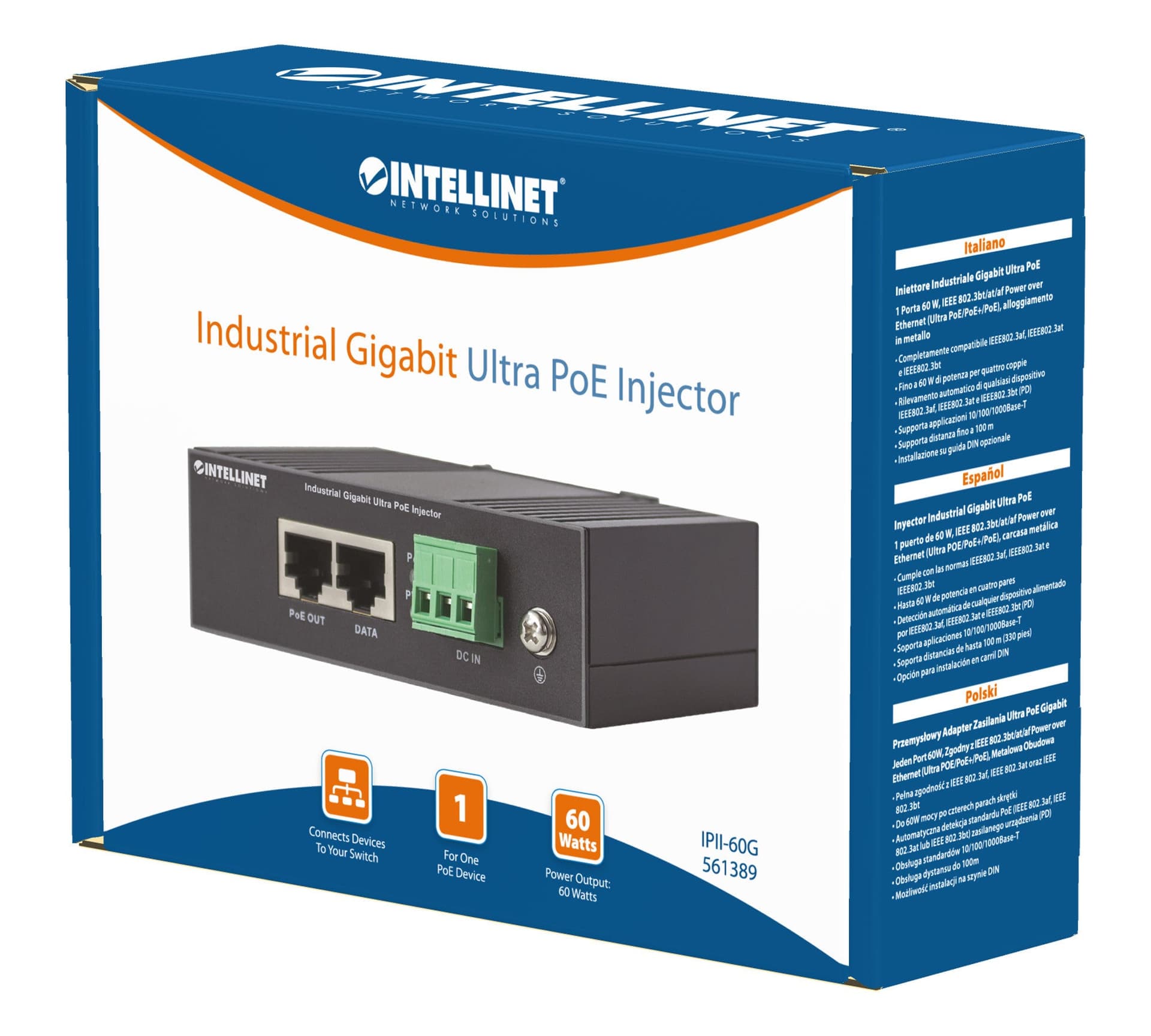Iniettore Industriale per Guida DIN Gigabit Ultra PoE 60W in Adattatori PowerLAN Scontolo.net - Potenza, commercioVirtuoso.it