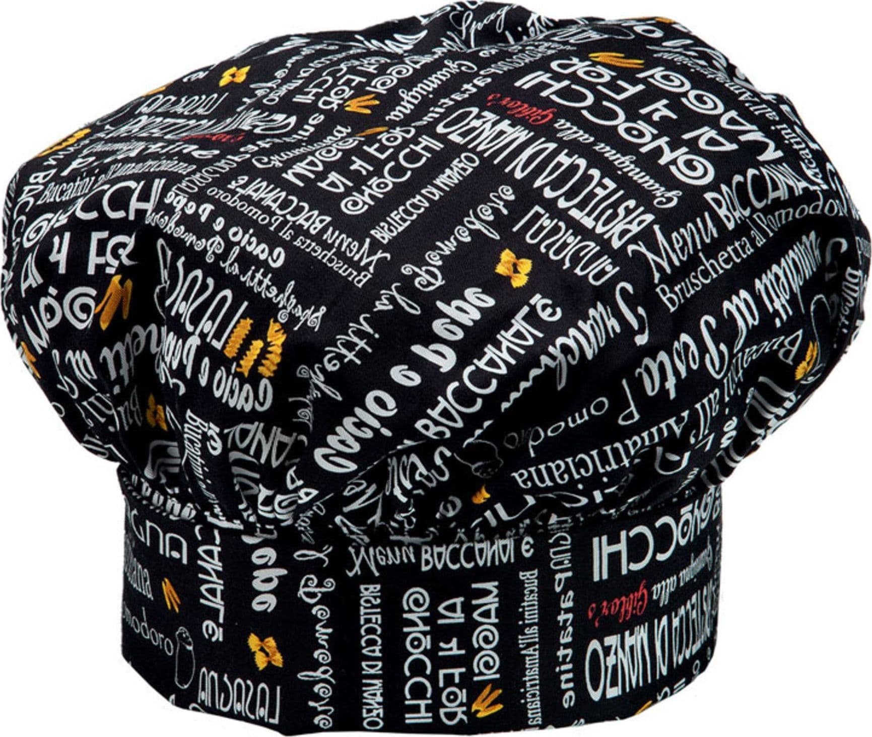 Cappello Toque Menù Nero Cappello Chef Fantasia Pasta Idea Regalo in Giacche da chef Dresswork - Como, commercioVirtuoso.it