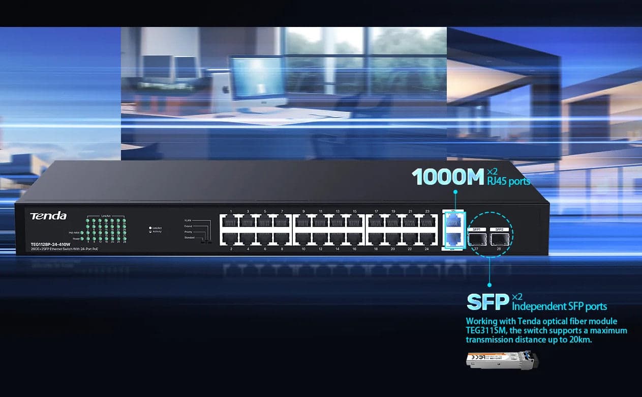 Switch Ethernet 26GE+2SFP con PoE a 24 porte, TEG1128P-24-410W in  Scontolo.net - Potenza, commercioVirtuoso.it