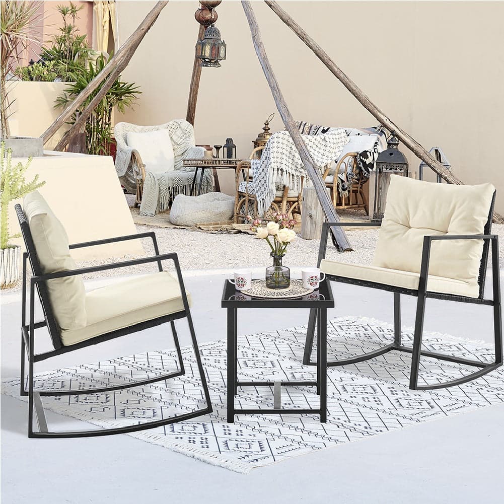 Set Tavolo e Poltrone Dondolo da Esterno Giardino Polyrattan con Cuscini Lavabili in Divanetti Danyx - Casoria, commercioVirtuoso.it