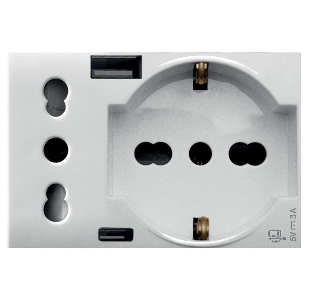WHITEK S44 Presa Schuko Presa Italiana USB-A e USB-C&trade 2P+T 10/16A 250V 3 Moduli Bianco Opaco, 44609015USB