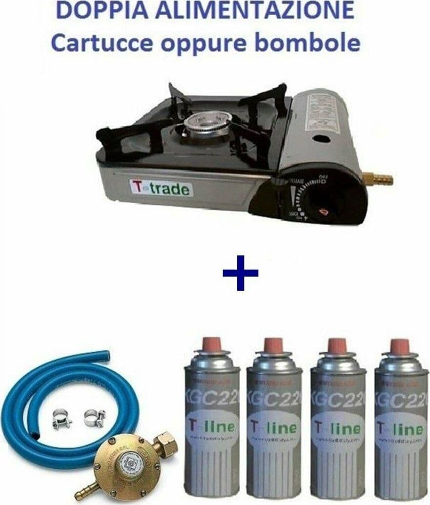 CUCINA GAS A VALIGIA + 4 CARTUCCE + KIT TUBO FORNELLO DOPPIO ALLACCIO / BOMBOLA in prodotto EuroStore07 - Alatri, commercioVirtuoso.it