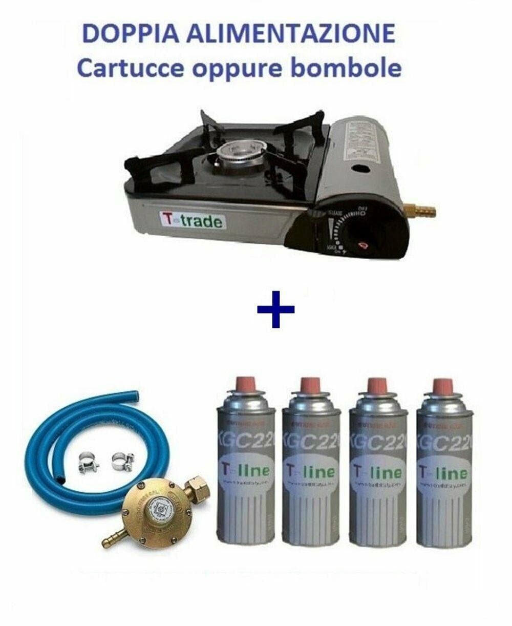 CUCINA GAS A VALIGIA + 4 CARTUCCE + KIT TUBO FORNELLO DOPPIO ALLACCIO / BOMBOLA in prodotto EuroStore07 - Alatri, commercioVirtuoso.it