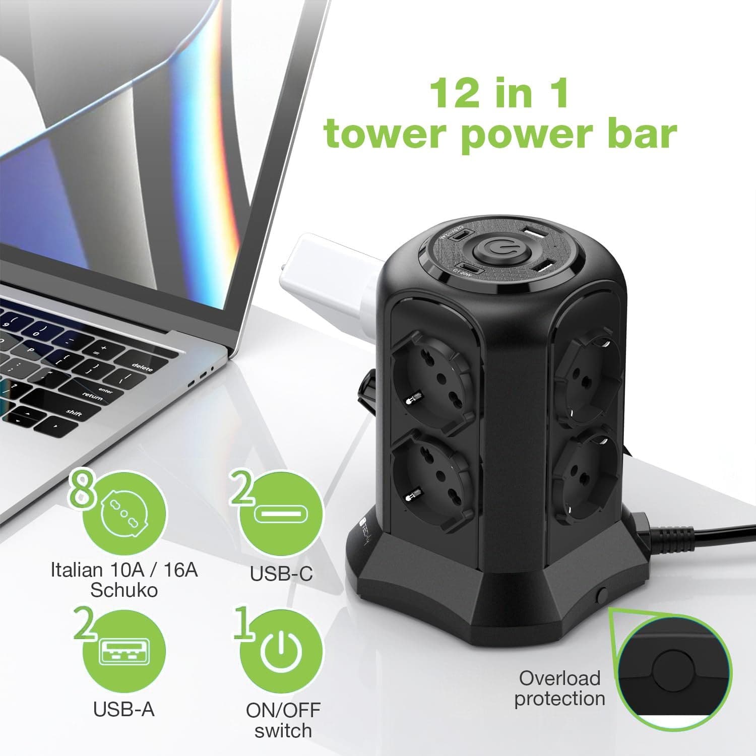 Multipresa da Tavolo a Torretta Salvaspazio 8 Prese Schuko 2 USB-A e 2 USB-C&trade in Multiprese Scontolo.net - Potenza, commercioVirtuoso.it