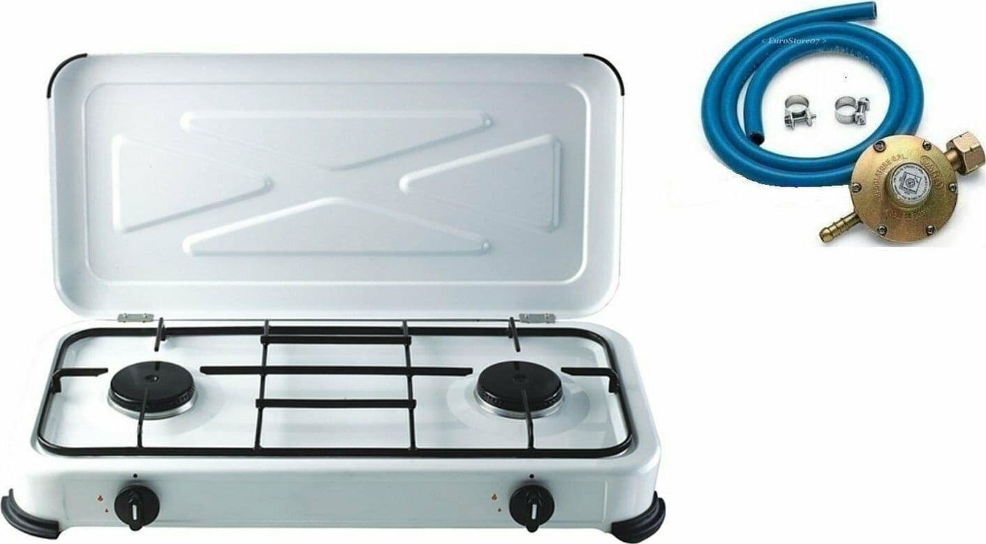 FORNELLO BIANCO 2 FUOCHI GAS BOMBOLA + 1 REGOLATORE +TUBO 2 MT + 2 FASCETTE in prodotto EuroStore07 - Alatri, commercioVirtuoso.it