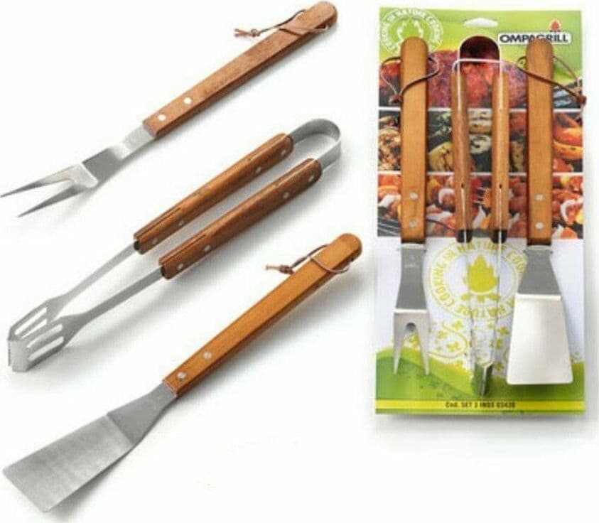 SET 3 PEZZI PINZA FORCHETTONE PALETTA IN ACCIAIO MANICO LEGNO CM 40 BARBECUE in prodotto EuroStore07 - Alatri, commercioVirtuoso.it