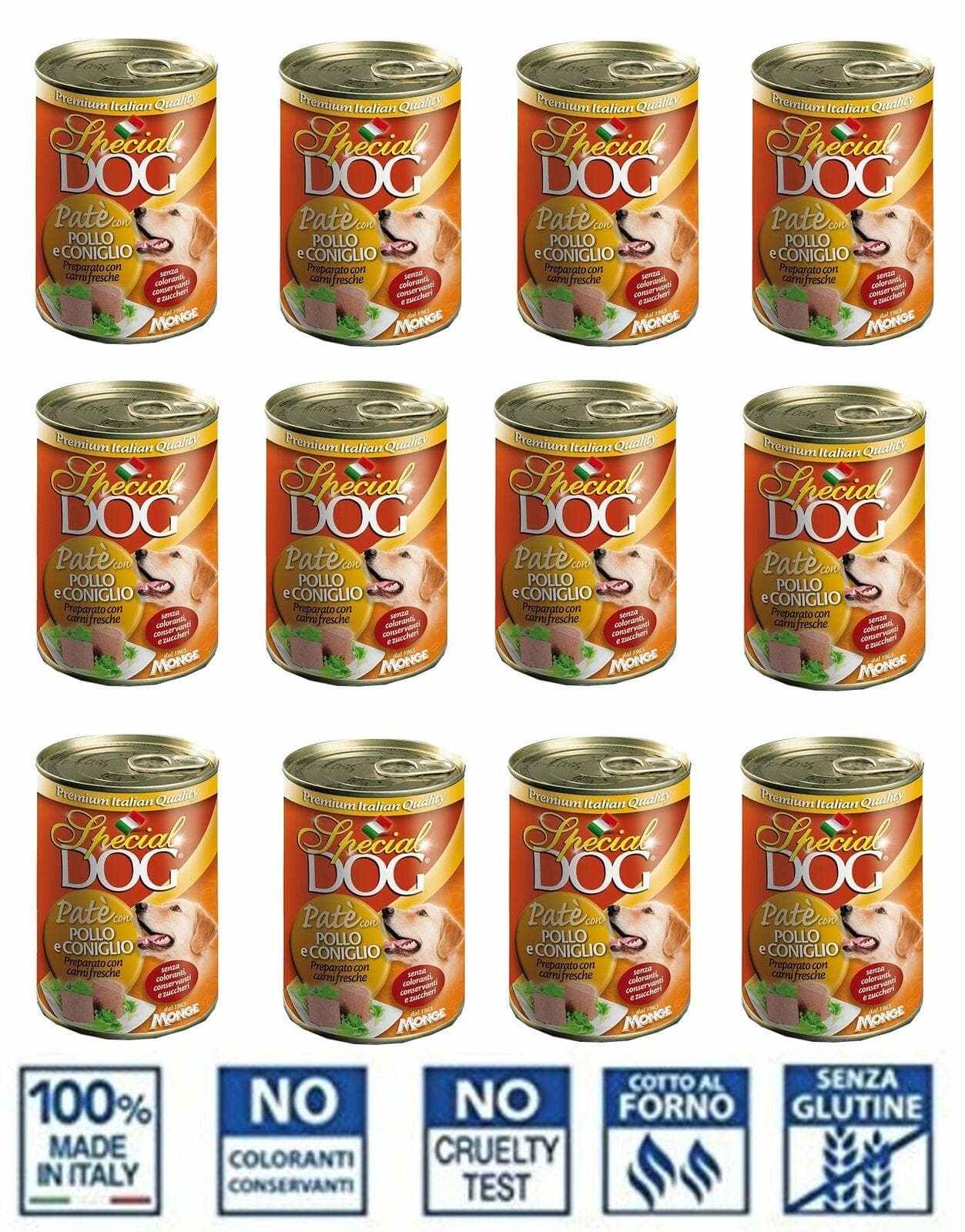 MONGE SPECIAL DOG PATE' 12 PEZZI DA 400 GR CARNE POLLO / CONIGLIO CANI ADULTI in prodotto EuroStore07 - Alatri, commercioVirtuoso.it