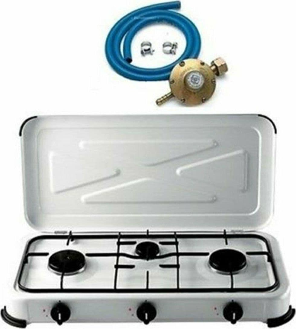 FORNELLO A GAS 3 FUOCHI 30 x 60 COMPLETO DI TUBO E REGOLATORE BIANCA CAMPEGGIO in prodotto EuroStore07 - Alatri, commercioVirtuoso.it