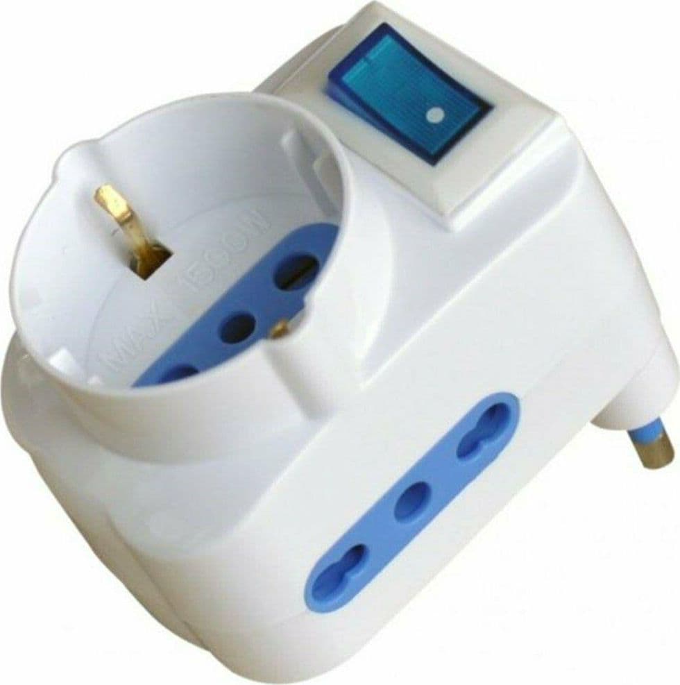 ADATTATORE TRIPLO 2 BIPASSO + 1 SCHUKO CON INTERRUTTORE SPINA GRANDE FER 307642 in prodotto EuroStore07 - Alatri, commercioVirtuoso.it