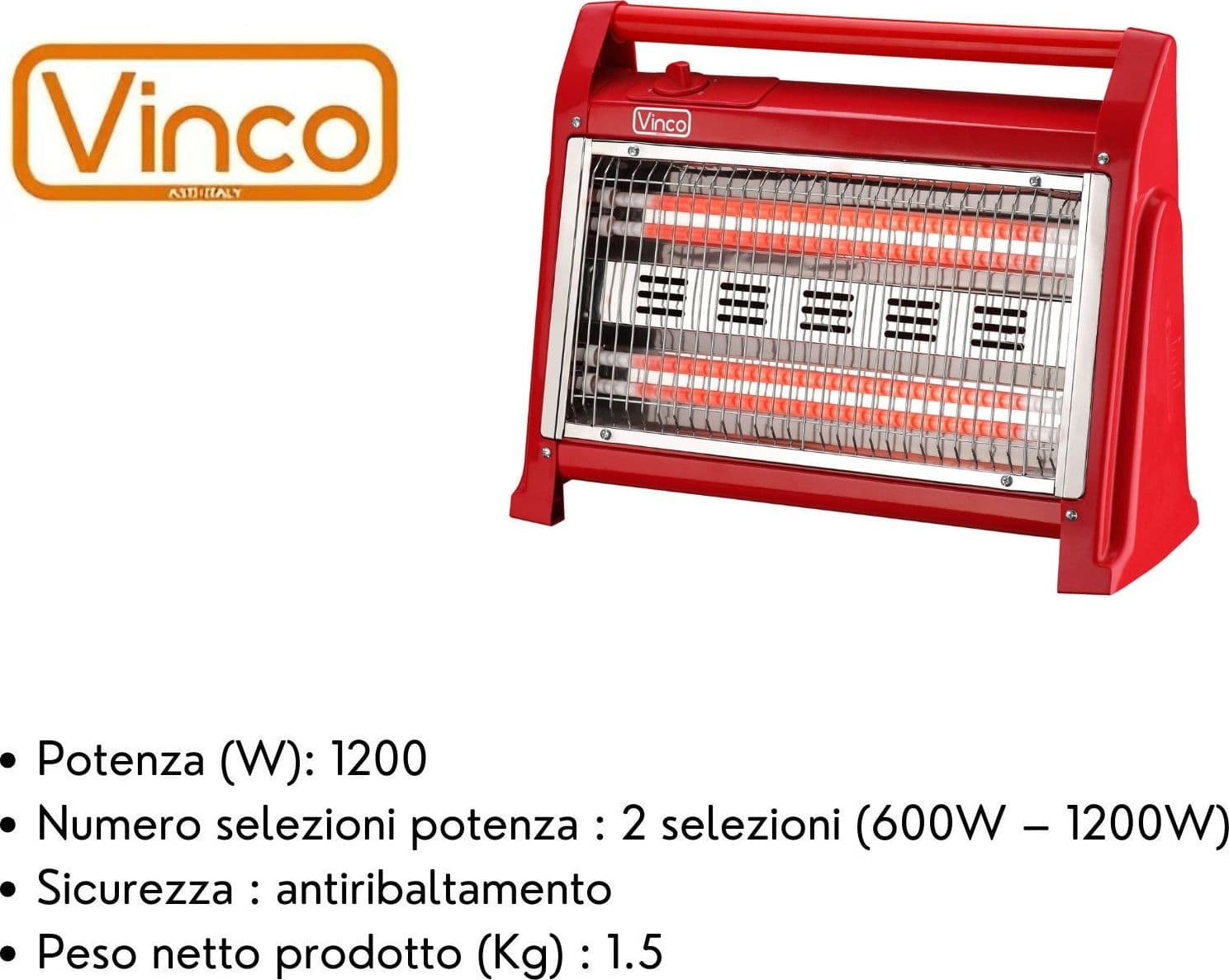 VINCO STUFA ELETTRICA AL QUARZO AD ALTO RENDIMENTO CALORICO 600/1200W VINCO 70157 ROSSA - 3