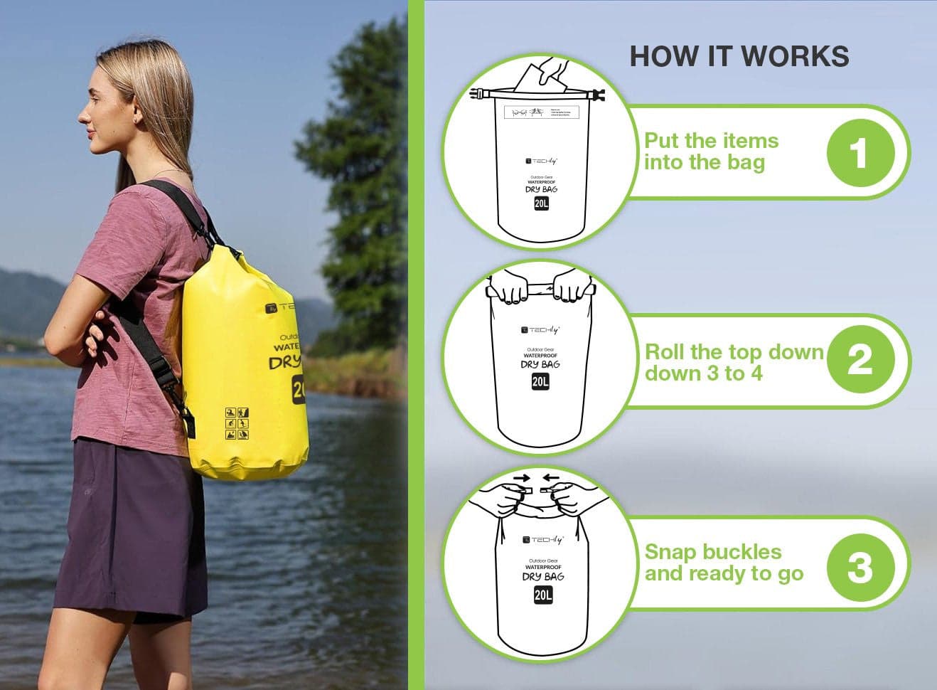 Sacca Impermeabile 20L Dry Bag con Tracolla Regolabile Giallo in Custodie Scontolo.net - Potenza, commercioVirtuoso.it