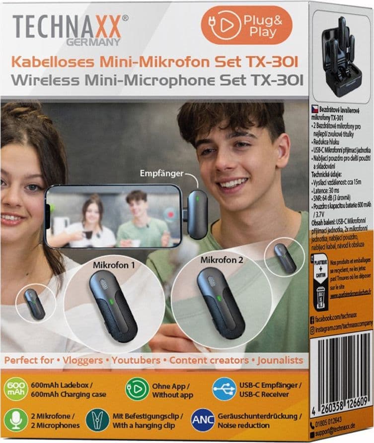Set 2 Mini Microfoni Lavalier Wireless con Ricevitore USB-C&trade e Custodia di Ricarica, TX301 in Set di microfoni Scontolo.net - Potenza, commercioVirtuoso.it
