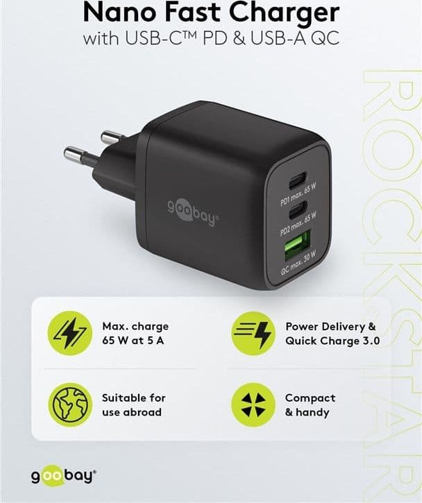Nano Caricatore Alimentatore GaN 2xUSB-C&trade (PD) + USB-A (QC) da Muro 65W Nero in Caricabatterie da muro Scontolo.net - Potenza, commercioVirtuoso.it