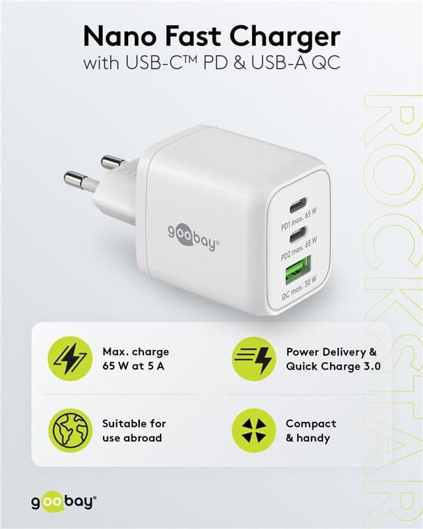 Nano Caricatore Alimentatore GaN 2xUSB-C&trade (PD) + USB-A (QC) da Muro 65W Bianco in Caricabatterie da muro Scontolo.net - Potenza, commercioVirtuoso.it