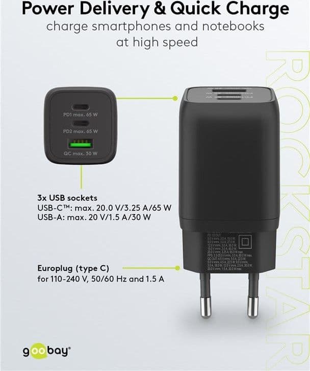 Nano Caricatore Alimentatore GaN 2xUSB-C&trade (PD) + USB-A (QC) da Muro 65W Nero in Caricabatterie da muro Scontolo.net - Potenza, commercioVirtuoso.it