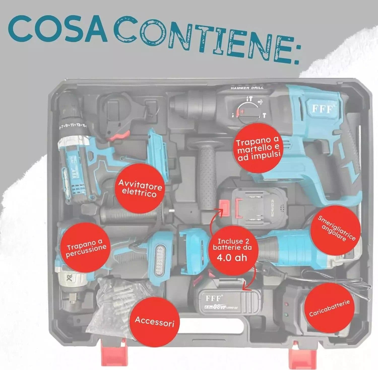 Kit 4in1 Trapano avvitatore,impulsi,smerigliatrice,tassellatore,2x3Ah,caricatore in Trapani a percussione Zencoccostore - Formia, commercioVirtuoso.it