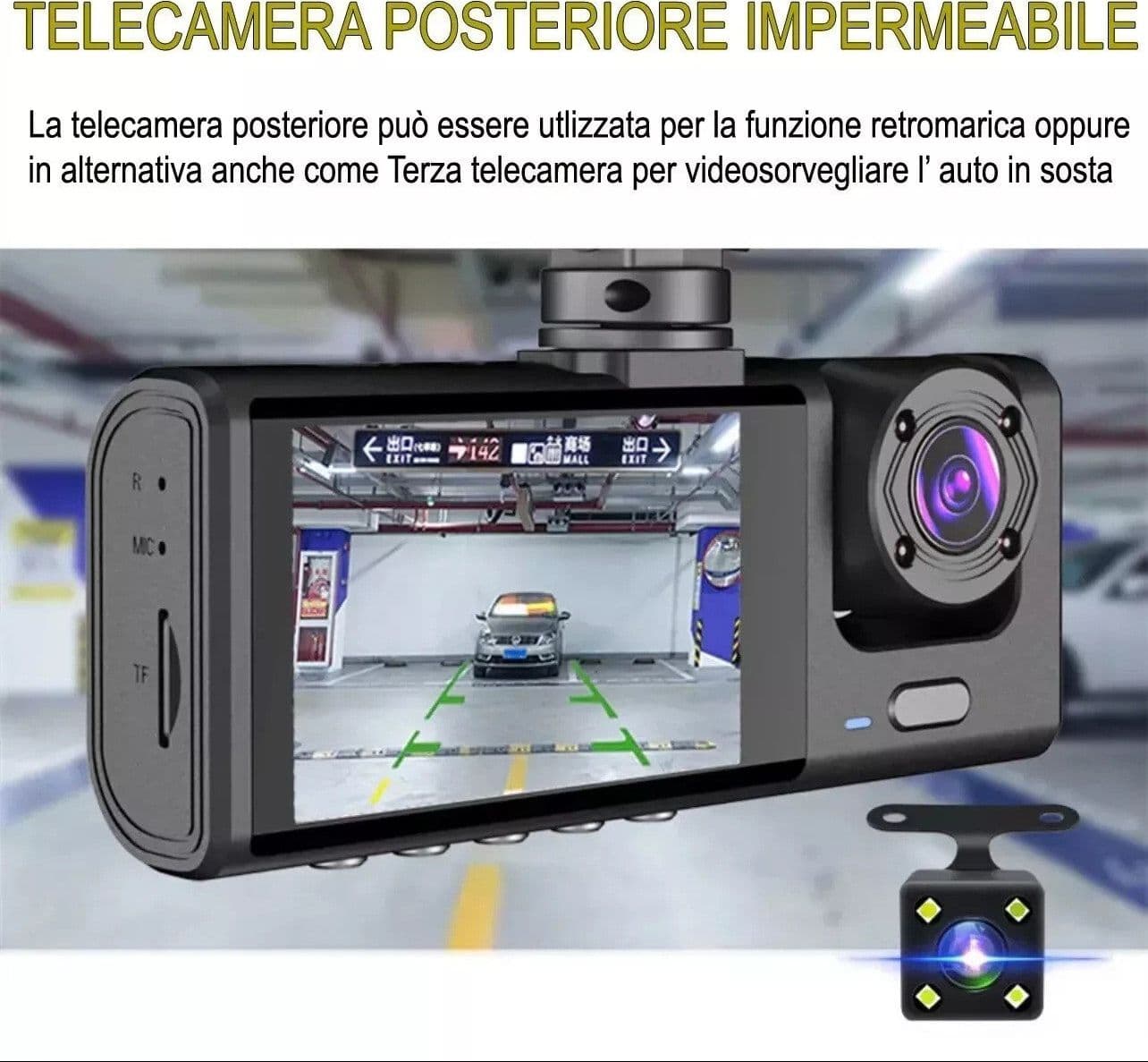 TELECAMERA PER AUTO DASHCAM FULL HD DVR CAR VIDEO CAMERA VISIONE NOTTURNA 3 CAM in Videocamera da cruscotto Zencoccostore - Formia, commercioVirtuoso.it