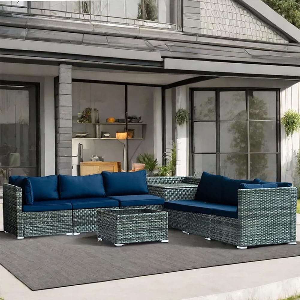 Set Salotto Giardino 8pz Polyrattan Componibile con Cuscini e Tavolo in vetro