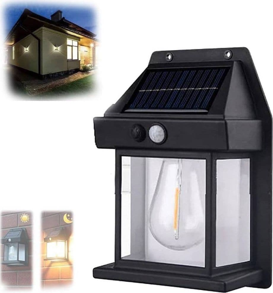 LAMPADA DA PARETE SOLARE SENSORE MOVIMENTO LUCE TUNGSTENO LED APPLIQUE IP65 NERO