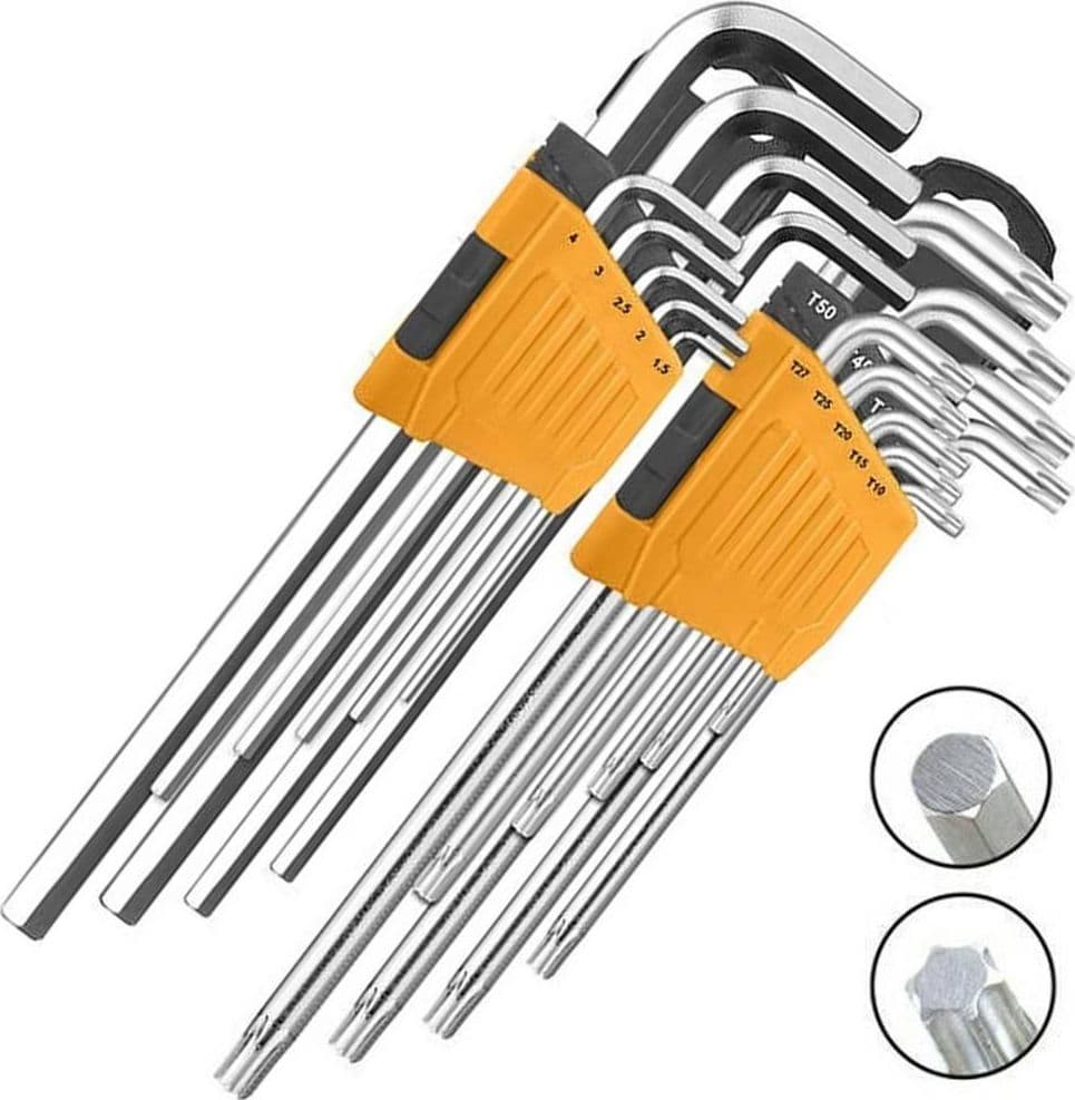 SET KIT COMBO 18 CHIAVINI 9 TORX FORATI T10-T50 BRUGOLA + 9 ESAGONALI 1,5 A 10MM - 2