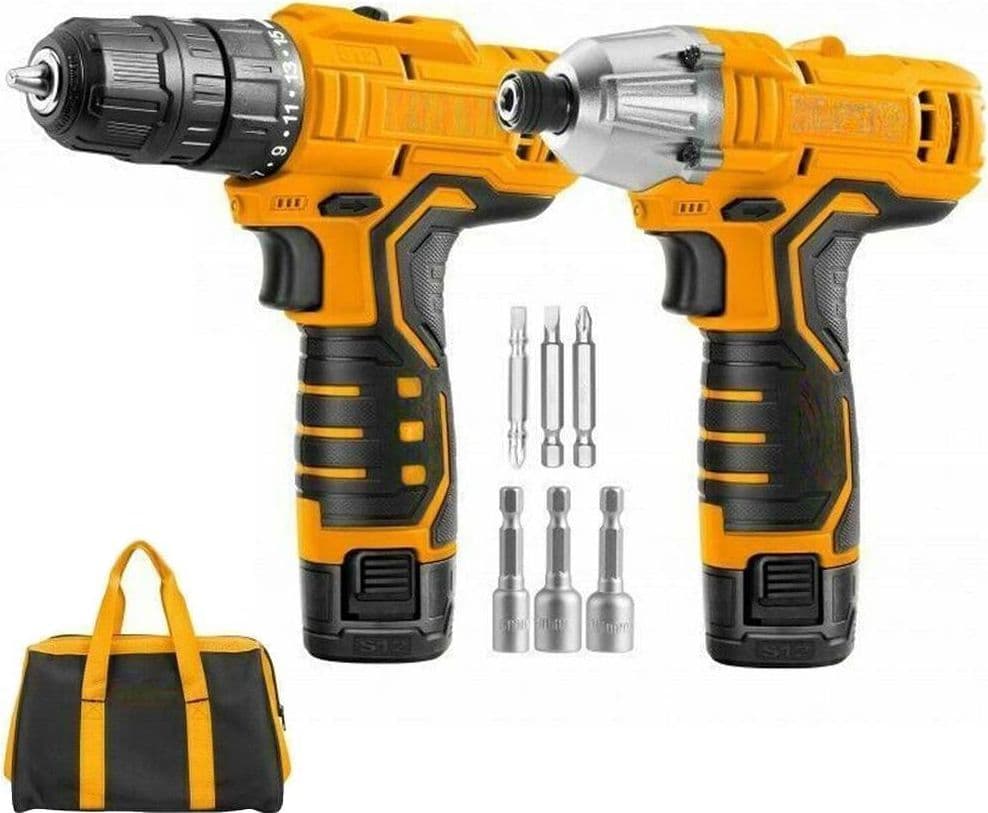 SET TRAPANO AVVITATORE + AVVITATORE AD IMPULSI 2 BATTERIE 12V BORSA E ACCESSORI - 2